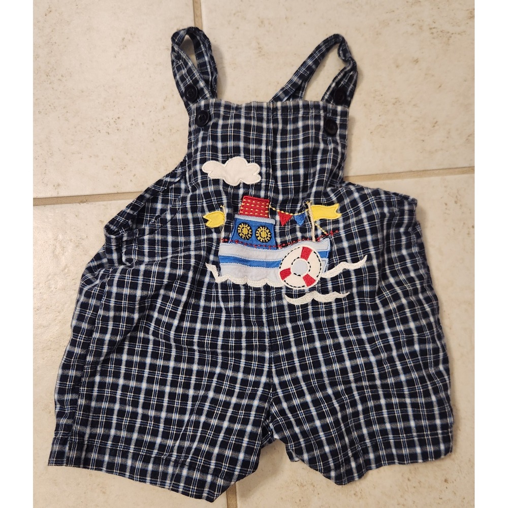 Miniwear Baby Boys‎ Navy Blue Plaid Nautical Boat Shortalls Overalls 6-9 Months